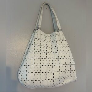 Auth MUI MUI White perforated cut out leather Tote Bag & suede interior medium